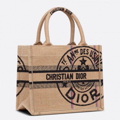 Dior Small Book Tote Bag In Beige Jute Canvas with Dior Union Motif LDBS240860