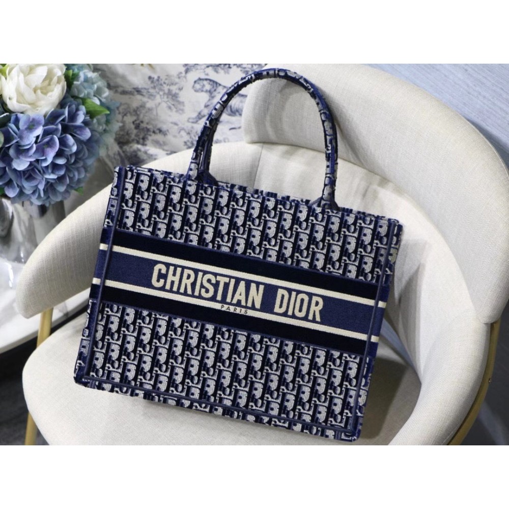 Dior Small Book Tote Bag In Blue Oblique Embroidered Velvet LDBS240862