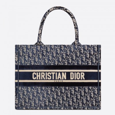 Dior Small Book Tote Bag In Blue Oblique Embroidered Velvet LDBS240862