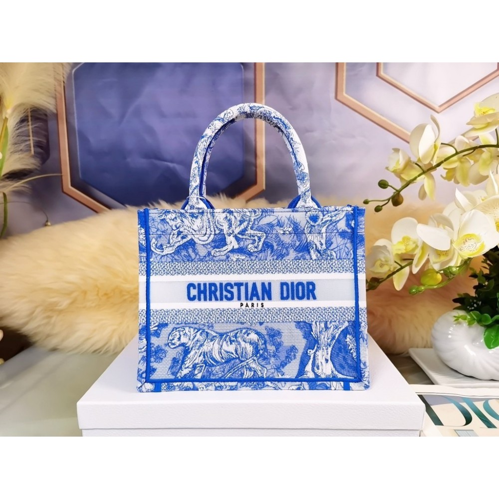 Dior Small Book Tote Bag In Blue Transparent Toile de Jouy Canvas LDBS240863