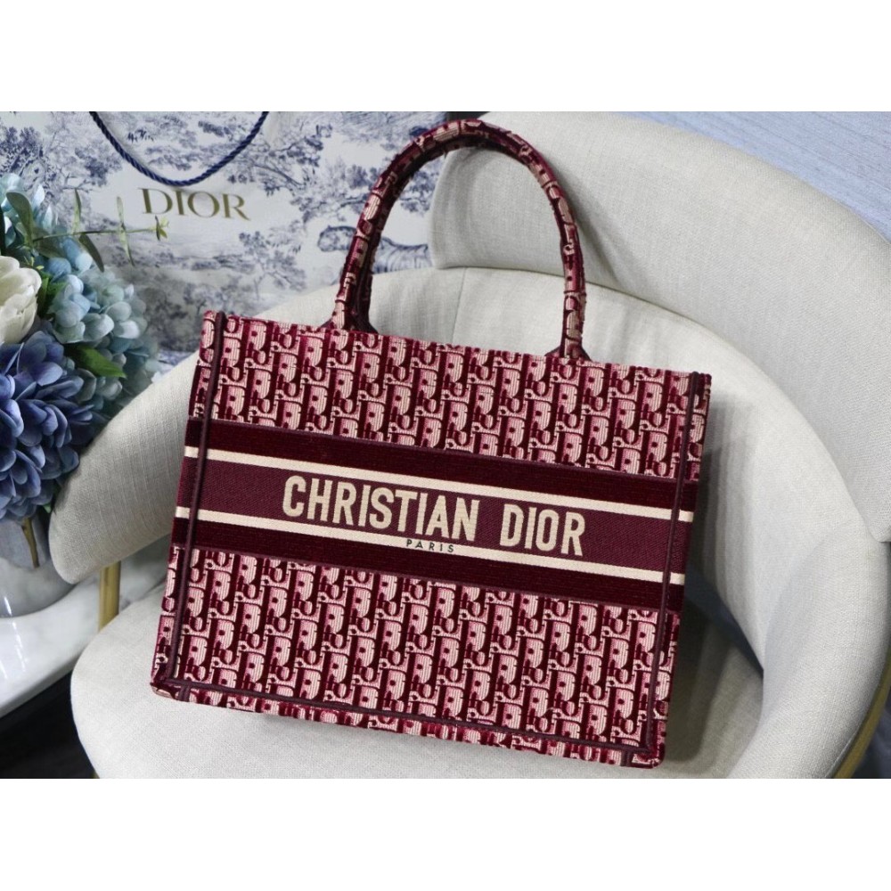 Dior Small Book Tote Bag In Bordeaux Oblique Embroidered Velvet LDBS240865