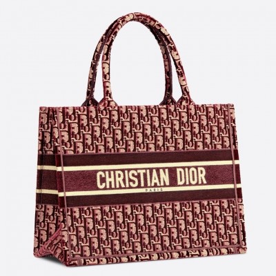 Dior Small Book Tote Bag In Bordeaux Oblique Embroidered Velvet LDBS240865