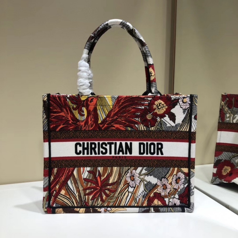 Dior Small Book Tote Bag In Red Phoenix Canvas LDBS240874