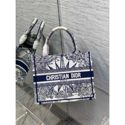 Dior Small Book Tote Bag In White & Blue Reve d'Infini Embroidery LDBS240876