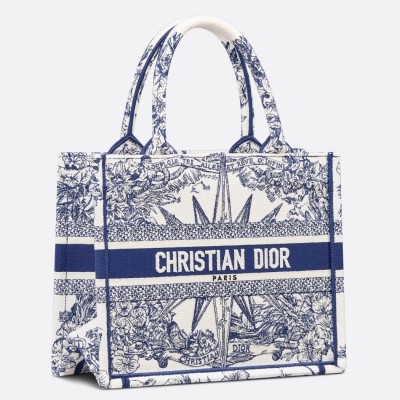 Dior Small Book Tote Bag In White & Blue Reve d'Infini Embroidery LDBS240876