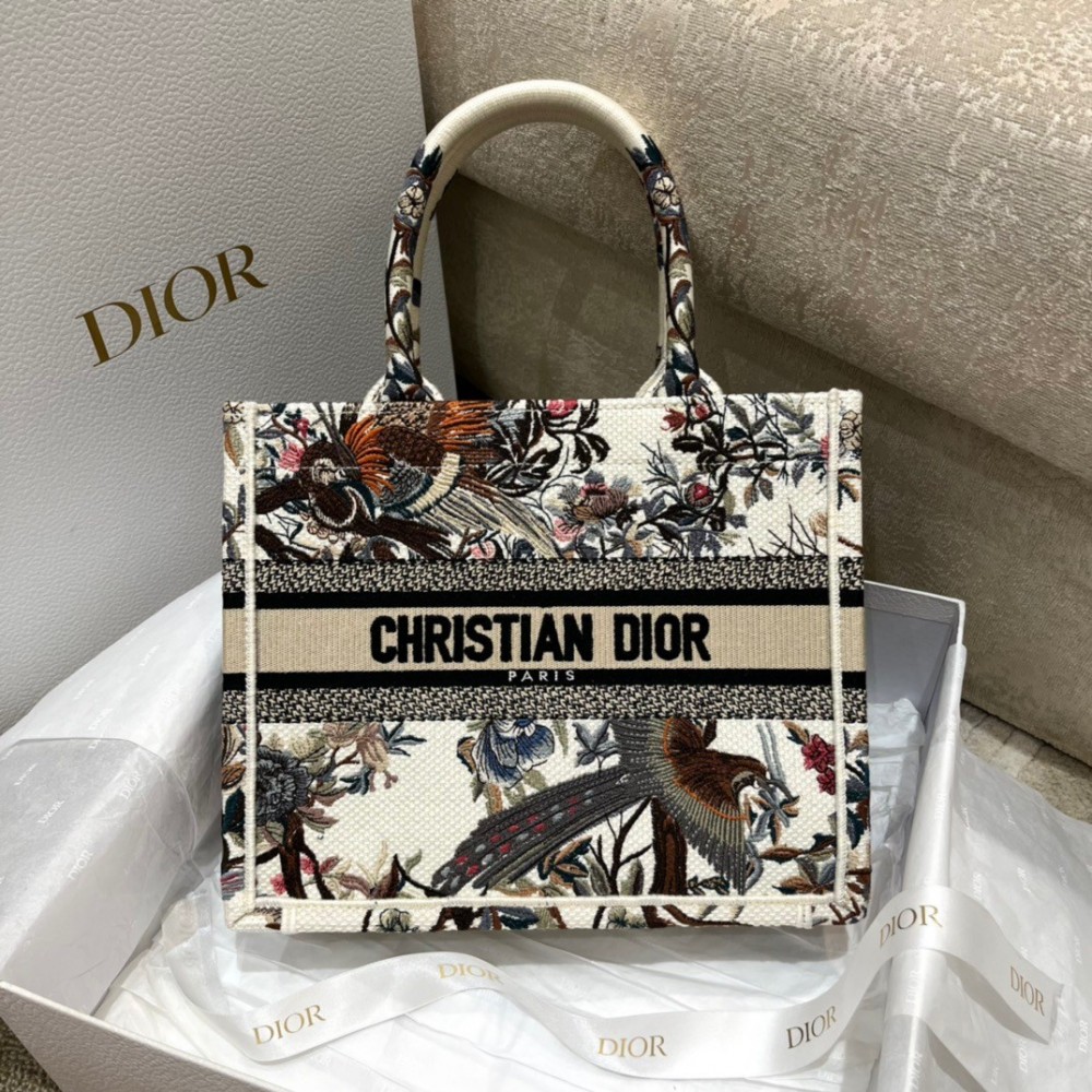 Dior Small Book Tote Bag In White Jardin d'Hiver Embroidery LDBS240877