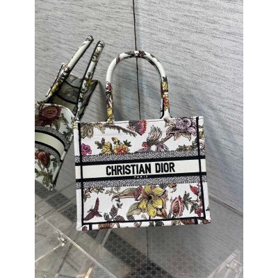 Dior Small Book Tote Bag In White Multicolor Jardin Botanique Embroidery LDBS240878