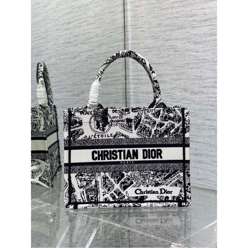 Dior Small Book Tote Bag In White Plan de Paris Embroidery LDBS240879