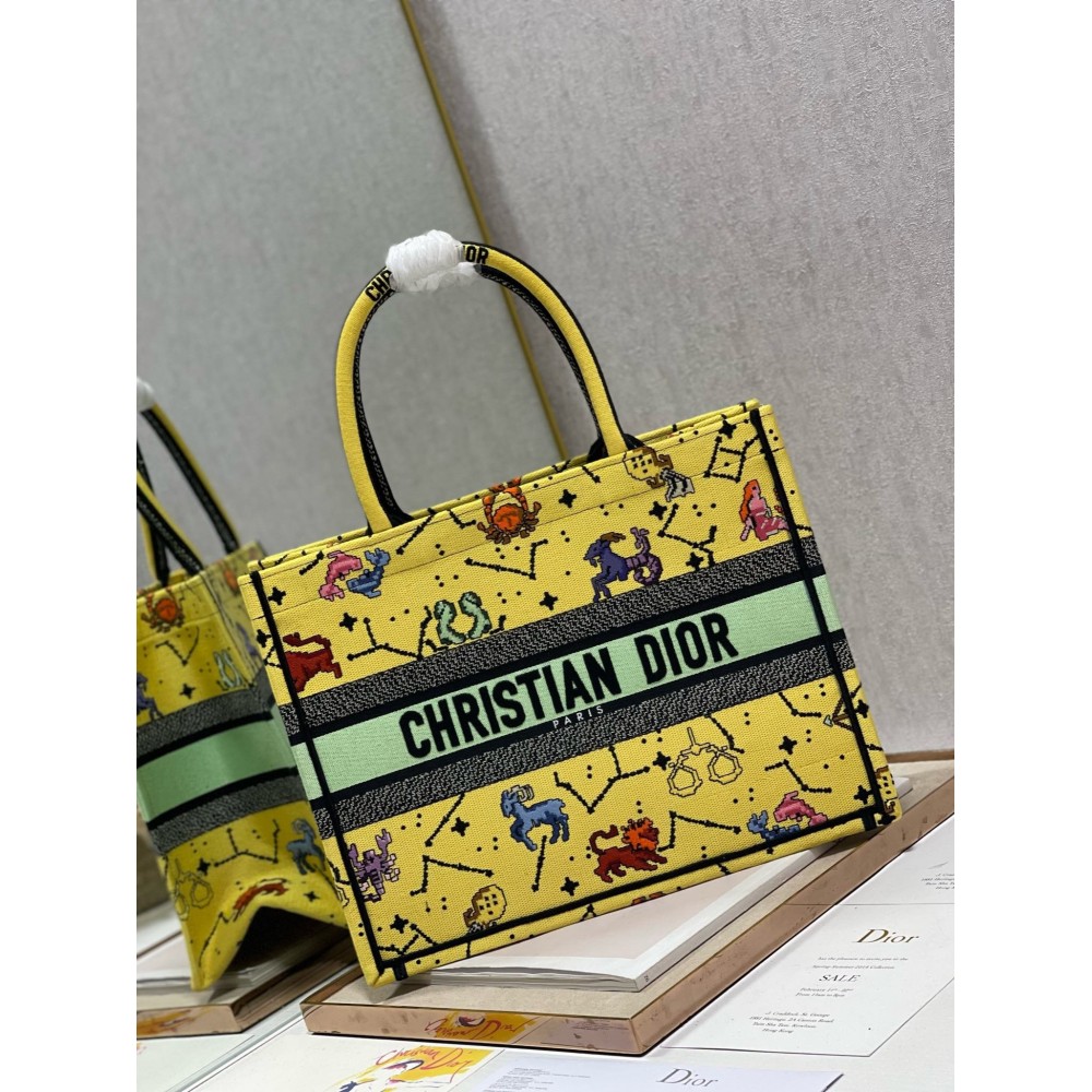 Dior Small Book Tote Bag In Yellow Multicolor Pixel Zodiac Embroidery LDBS240880