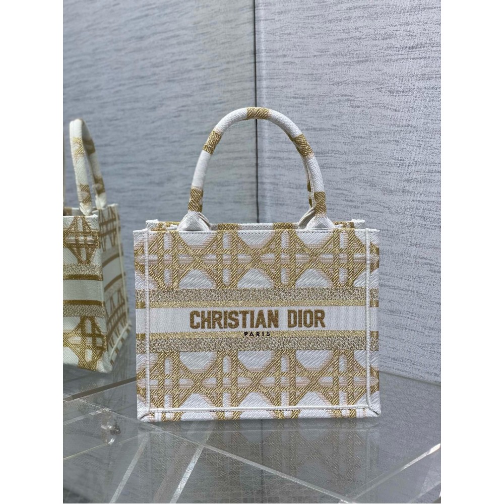 Dior Small Book Tote Bag in White and Gold Macrocannage Embroidery LDBS240875