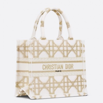 Dior Small Book Tote Bag in White and Gold Macrocannage Embroidery LDBS240875