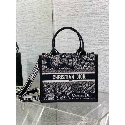 Dior Small Book Tote Bag with Strap in Plan de Paris Embroidery and Black Calfskin LDBS240885