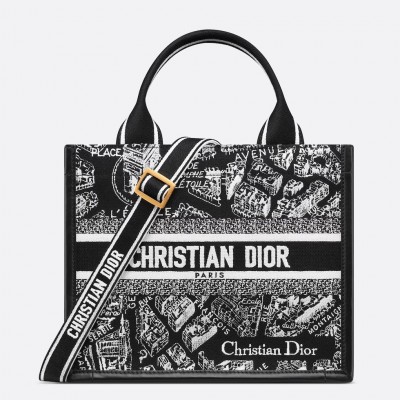 Dior Small Book Tote Bag with Strap in Plan de Paris Embroidery and Black Calfskin LDBS240885