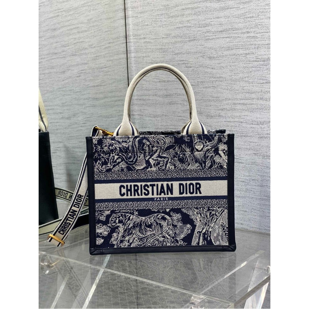 Dior Small Book Tote Bag with Strap in Toile de Jouy Reverse Embroidery and Blue Calfskin LDBS240886