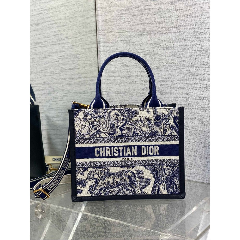 Dior Small Book Tote Bag with Strap in Toile de Jouy Sauvage Embroidery with Blue Calfskin LDBS240887