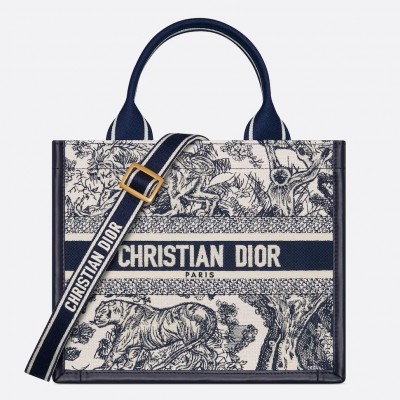 Dior Small Book Tote Bag with Strap in Toile de Jouy Sauvage Embroidery with Blue Calfskin LDBS240887