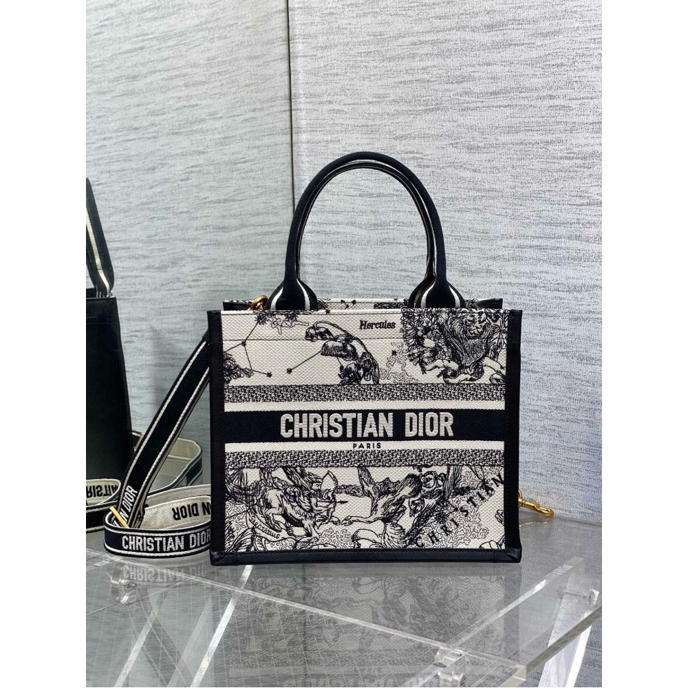 Dior Small Book Tote Bag with Strap in Zodiac Embroidery and Black Calfskin LDBS240889