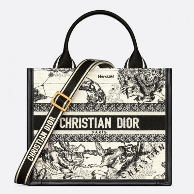 Dior Small Book Tote Bag with Strap in Zodiac Embroidery and Black Calfskin LDBS240889