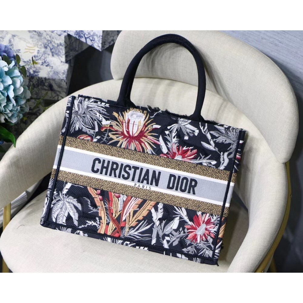 Dior Small Book Tote In Black Camouflage With Flowers LDBS240891