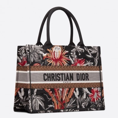 Dior Small Book Tote In Black Camouflage With Flowers LDBS240891