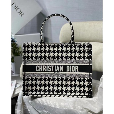 Dior Small Book Tote In Black Houndstooth Embroidery LDBS240892