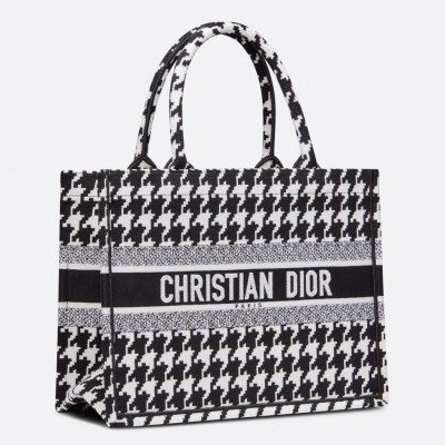 Dior Small Book Tote In Black Houndstooth Embroidery LDBS240892