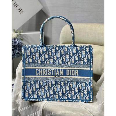 Dior Small Book Tote In Cornflower Blue Dior Oblique Embroidery LDBS240896