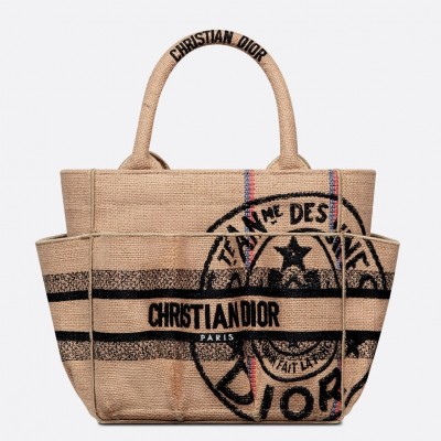 Dior Small Catherine Tote Bag In Beige Jute Canvas with Union Motif LDBS240914