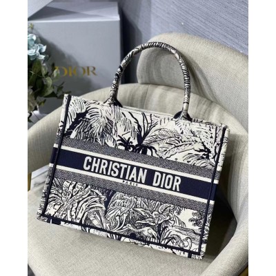 Dior Small Dior Book Tote In Blue Toile de Jouy Palms Embroidery LDBS240921