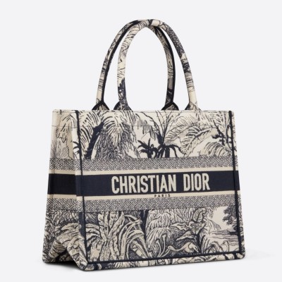 Dior Small Dior Book Tote In Blue Toile de Jouy Palms Embroidery LDBS240921