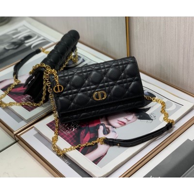 Dior Caro Belt Pouch with Chain In Black Calfskin