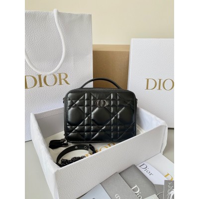 Dior Caro Box Bag with Chain in Black Macrocannage Calfskin