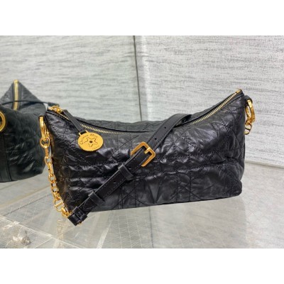 Dior Diorstar Hobo Bag with Chain in Black Crinkled Calfskin