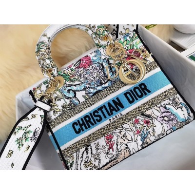 Dior Lady D-Lite Medium Bag In White D-Constellation Embroidery