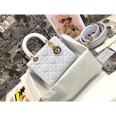 Dior Lady D-Lite Medium Bag In White Macrocannage Technical Fabric