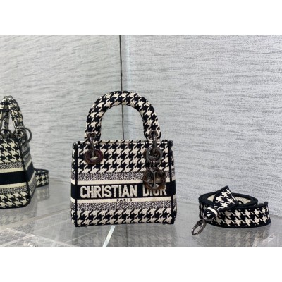 Dior Lady D-Lite Mini Bag In Black and White Houndstooth Embroidery