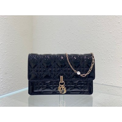 Dior Lady Dior Chain Pouch In Black Patent Calfskin