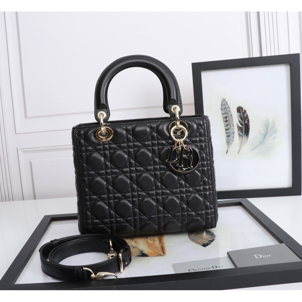 Dior Lady Dior Medium Bag in Black Lambskin with Enamel Charm