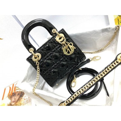 Dior Lady Dior Mini Chain Bag with Chain in Black Patent Calfskin