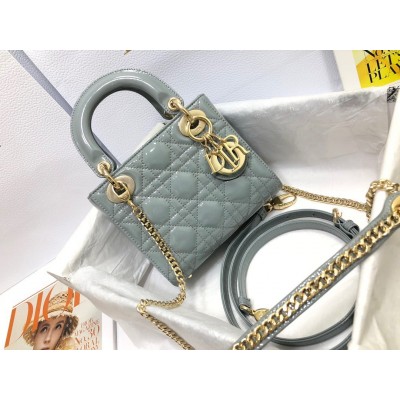 Dior Lady Dior Mini Chain Bag with Chain in Grey Patent Calfskin