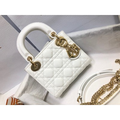 Dior Lady Dior Mini Chain Bag with Chain in White Patent Calfskin