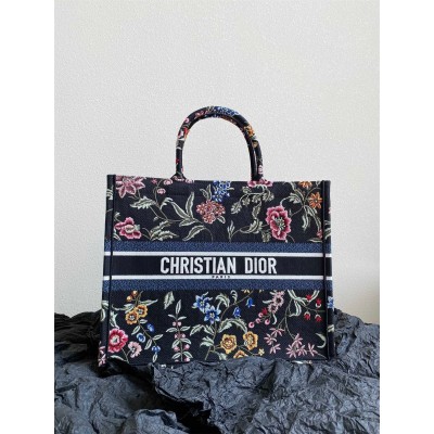 Dior Large Book Tote Bag In Black Dior Petites Fleurs Embroidery