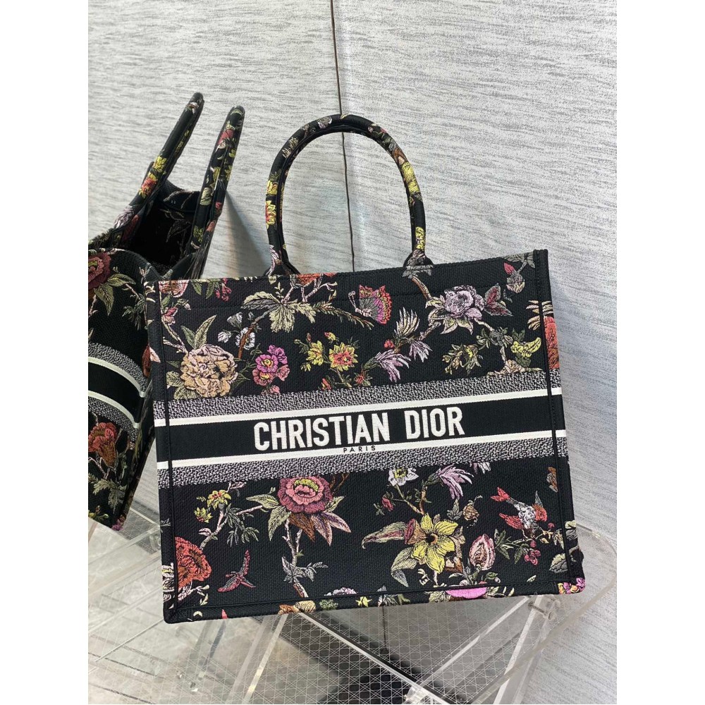 Dior Large Book Tote Bag In Black Jardin Botanique Embroidery