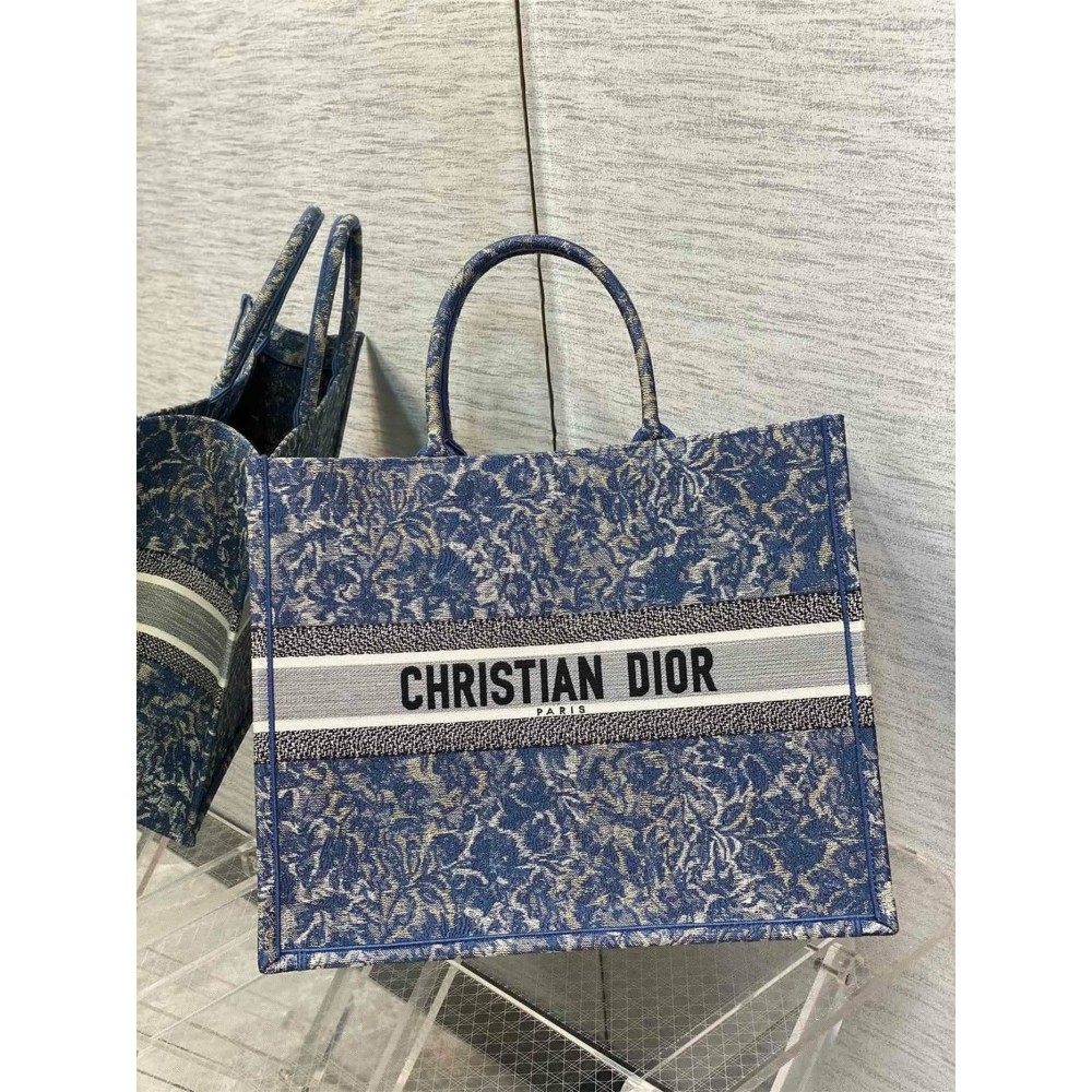 Dior Large Book Tote Bag In Blue Brocart Denim-Effect Embroidery