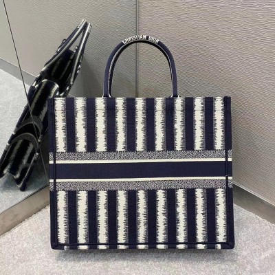 Dior Large Book Tote Bag In Blue Stripes Embroidery