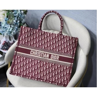 Dior Large Book Tote Bag In Bordeaux Dior Oblique Embroidery