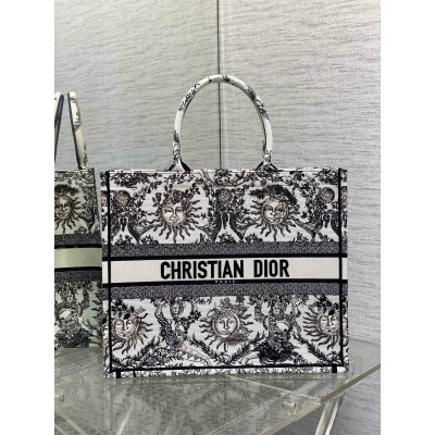 Dior Large Book Tote Bag in White Toile de Jouy Soleil Embroidery