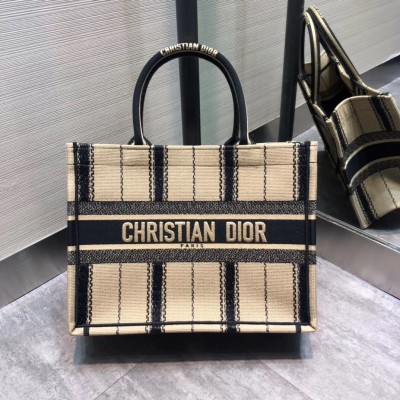 Dior Medium Book Tote Bag In Black and Beige Bayadere Embroidered