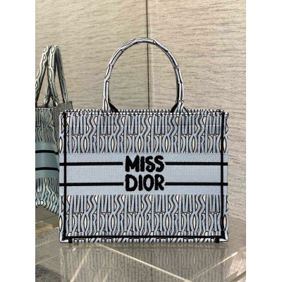 Dior Medium Book Tote Bag in Blue Miss Dior Allover Embroidery