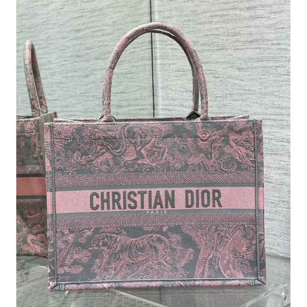 Dior Medium Book Tote Bag in Grey and Pink Toile de Jouy Reverse Embroidery